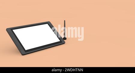 Großer Tablet-Monitor für digitale Grafiken mit Stift und leerem Bildschirm für Ihr Design auf einem Peach Fuzz Hintergrund. 3D-Rendering Stockfoto