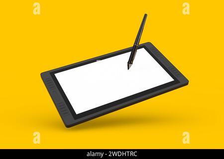 Großer Tablet-Monitor mit digitaler Grafik und Zeichenstift und leerem Bildschirm für Ihr Design auf gelbem Hintergrund. 3D-Rendering Stockfoto
