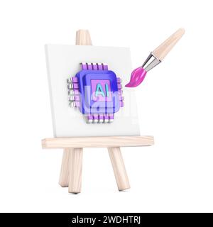 Cartoonkünstler Paintbrush mit Staffelei und KI-gestütztem Mikrochip-Prozessor Web-Symbol auf weißem Hintergrund. 3D-Rendering Stockfoto