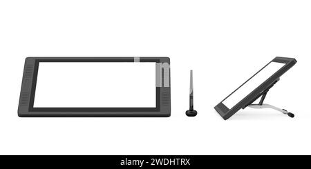 Großer Tablet-Monitor mit digitaler Grafik und Zeichenstift und leerem Bildschirm für Ihr Design auf weißem Hintergrund. 3D-Rendering Stockfoto