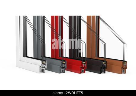 Der Schnitt detaillierter bunter Fenster-PVC-Profile auf weißem Hintergrund. 3D-Rendering Stockfoto