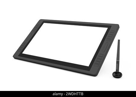 Großer Tablet-Monitor mit digitaler Grafik und Zeichenstift und leerem Bildschirm für Ihr Design auf weißem Hintergrund. 3D-Rendering Stockfoto