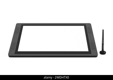 Großer Tablet-Monitor mit digitaler Grafik und Zeichenstift und leerem Bildschirm für Ihr Design auf weißem Hintergrund. 3D-Rendering Stockfoto