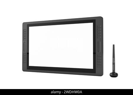 Großer Tablet-Monitor mit digitaler Grafik und Zeichenstift und leerem Bildschirm für Ihr Design auf weißem Hintergrund. 3D-Rendering Stockfoto