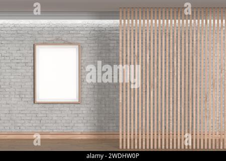 Leerer Raum mit Holzlatten vor der weißen Ziegelwand mit leerem Bilderrahmen extremer Nahaufnahme. 3D-Rendering Stockfoto