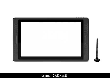 Großer Tablet-Monitor mit digitaler Grafik und Zeichenstift und leerem Bildschirm für Ihr Design auf weißem Hintergrund. 3D-Rendering Stockfoto