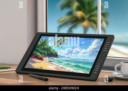 Große Größe von Digital Graphics Zeichnen Tablet Monitor mit Stift und abstrakte Zeichnung eines Ocean Sand Beach auf einem Holztisch Arbeitsplatz extreme Nahaufnahme. 3 Stockfoto