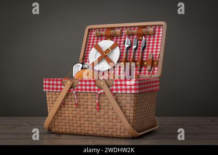 Picknickkorb aus Weidenholz mit Geschirr, Essen und Trinken Picknickset auf einem Holztisch Hintergrund. 3D-Rendering Stockfoto