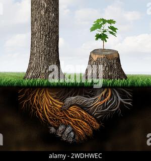 Reparieren Sie eine gebrochene Beziehung und beleben Sie eine tote Partnerschaft mit zwei Bäumen mit Wurzeln, die einen geschäftlichen Handschlag darstellen und einen Baum abgeholzt haben Stockfoto