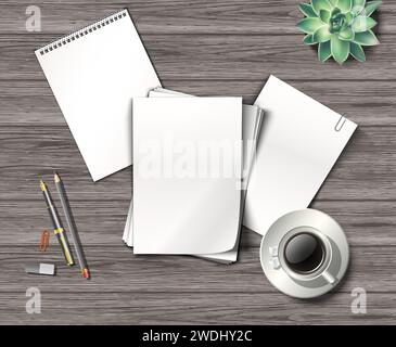 Realistische Darstellung. Arbeitstisch mit schwarzem Papier, Kopierbereich, Stift und Kaffeetasse, Draufsicht. Stock Vektor