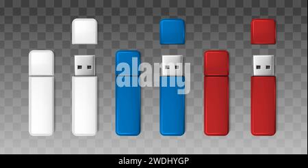 Symbolsatz für realistische Vektoren. Weißes, blaues und rotes usb-Flash-Laufwerk, Modell. Stock Vektor
