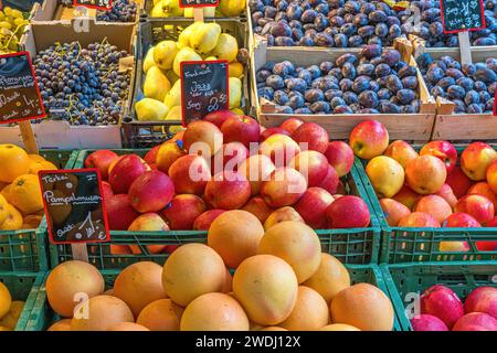 Orangen, Äpfel und Pflaumen zum Verkauf auf einem Markt Stockfoto