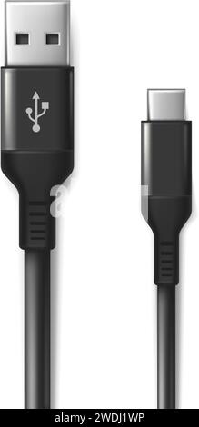 Symbol für realistischen Vektor. Schwarzes USB-Kabel. Isoliert auf weißem Hintergrund. Stock Vektor