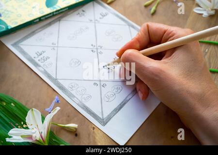 Die Hand einer Frau füllt eine Astrologie-Tabelle der jyotischen Astrologie des alten Indien Stockfoto