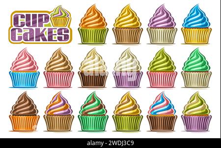 Vektor Cupcake Set, große Sammlung von ausgeschnittenen Illustrationen Vielfalt Urlaub Cupcakes im Papierpaket mit Milchzwirne Creme, Gruppe von bunten Smal Stock Vektor