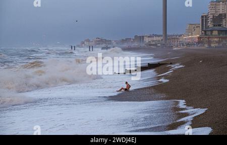 Brighton Großbritannien 21. Januar 2024 - Ein Schwimmer badet heute Morgen in der Brandung an der Brighton-Küste (bekannt als Pilcharding), da der Sturm Isha später durch Großbritannien fliegen wird, wobei bernsteinfarbene Wetterwarnungen ausgegeben werden, wenn die Windvorhersage in einigen Teilen 8 km/h erreichen wird: Credit Simon Dack / Alamy Live News Stockfoto