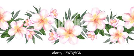 Aquarellrand mit Plumeria. Sommer Hintergrund für Design und Einladungen mit Blumen und tropischen Blättern. Stockfoto