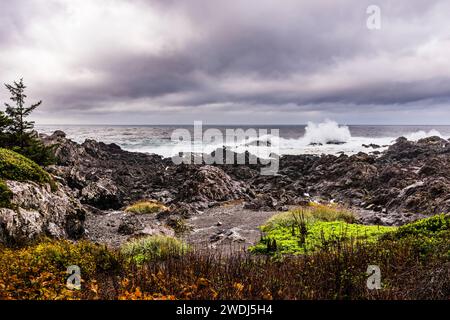 Wellen während eines Herbststurms am Amphitrite Point, Ucluelet, Vancouver Island, British Columbia, Kanada Stockfoto