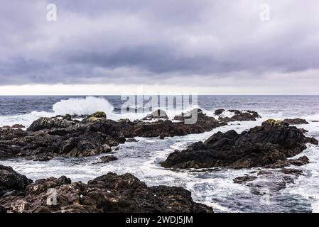 Herbststurm und Wellen am Amphitrite Point, Ucluelet, Vancouver Island, British Columbia, Kanada Stockfoto