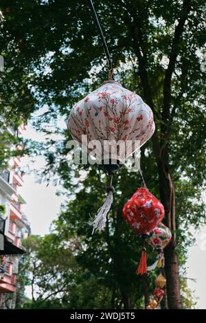 Erkunden Sie Hanois pulsierende Straßen mit farbenfrohen Laternen, die die Schönheit der vietnamesischen Kultur zeigen. Ein visuelles Vergnügen für alle. Stockfoto