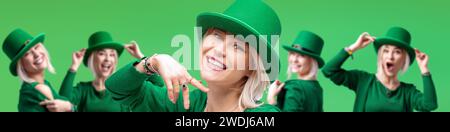 St. Patrick's Day. Сheerful Frau mit Kobold-Hut feiert St. Patrick's Day. Stockfoto