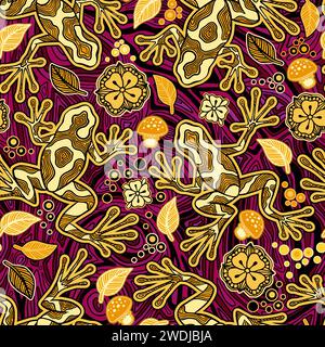 Hawaiian Red and Yellow Poison Dart Frog Psychedelic Seamless Pattern, Trippy Art Fantasy Pilze und Reptilian Stockfoto