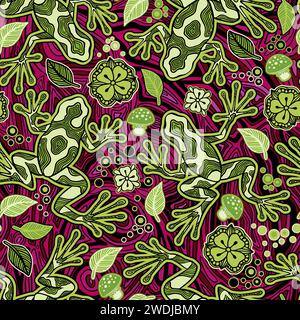 Hawaiian Green and Black Poison Dart Frog Psychedelic Seamless Pattern, trippige Art Fantasy Pilze und Reptilian Stockfoto