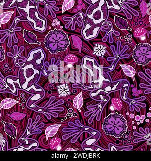 Hawaiian Pink and Black Poison Dart Frog Psychedelic Seamless Pattern, Trippy Art Fantasy Pilze und Reptilian Stockfoto