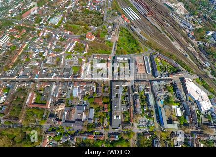 Luftaufnahme, Herne-Wanne Mitte, Stadtzentrum und Hauptstraße am Bahnhof Herne Wanne-Eickel, Erdkugel, Fischaugenbild, 360-Grad-Bild, Wanne, Herne, Stockfoto