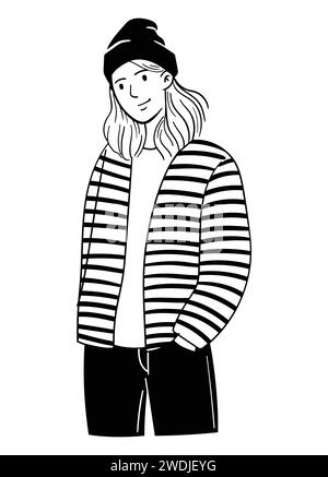Glückliche Menschen, lächelnde Frau, Konzept für Campus, Mode, Avatar. Hand gezeichnete Umrisslinie Art Cartoon Vektor Illustration. Stock Vektor