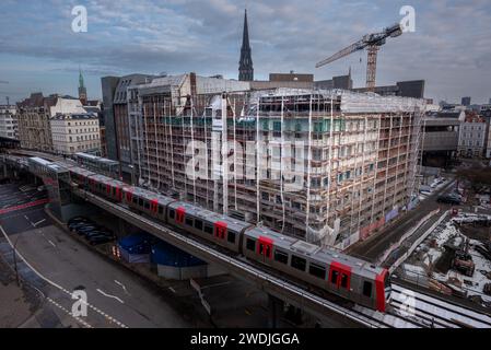 Hamburg, Deutschland, 20. Januar 2024 - Baustelle Flüggerhöfe von Signa. Insolvenz der Signa Holding Ende 2023. Stockfoto