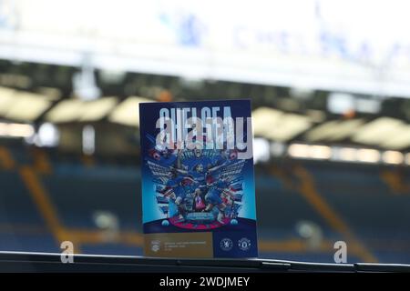 London, Großbritannien. 21. Januar 2024; Stamford Bridge, London, England: Womens Super League Football, Chelsea versus Manchester United; Spieltagsprogramm Credit: Action Plus Sports Images/Alamy Live News Stockfoto