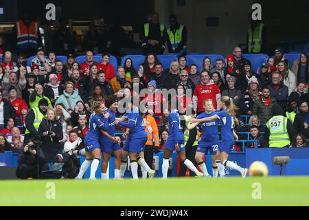 London, Großbritannien. 21. Januar 2024; Stamford Bridge, London, England: Womens Super League Football, Chelsea gegen Manchester United; Lauren James aus Chelsea feiert ihr Tor in der 5. Minute für 1:0. Beschreibung: Action Plus Sports Images/Alamy Live News Stockfoto