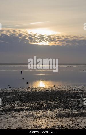 Wintersonnenuntergang am Chalkwell Beach, nahe Southend-on-Sea, Essex, England, Vereinigtes Königreich, Leerzeichen für Text Stockfoto