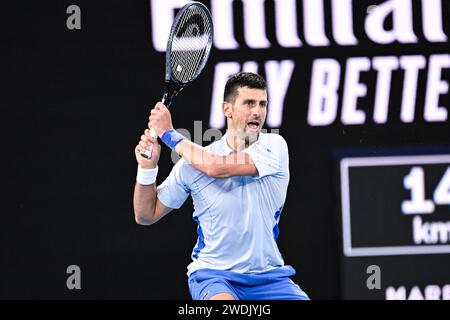 Novak Djokovic aus Serbien während des Australian Open AO 2024 Grand Slam Tennis Turniers am 19. Januar 2024 im Melbourne Park in Australien. Foto Victor Joly / DPPI Stockfoto