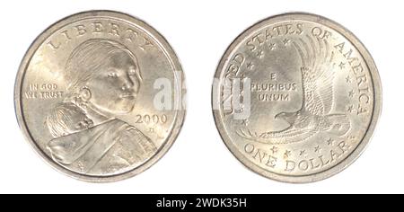 Seltene Goldfarbe 2000 D Sacagawea Dollar Münze aus Denver Mint. Vorder- und Rückseite isoliert auf weißem Hintergrund. Sie war eine Lemhi Shoshone Frau, die Stockfoto