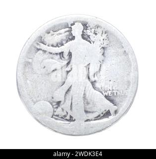 Old Vintage Trased Walking Liberty Half Dollar ist eine silberne 50-Cent-Münze, die von der US-amerikanischen S Mint von 1916 bis 19 ausgegeben wurde Stockfoto