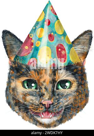 Niedliche Katze im Partyhut. Cat für T-Shirt-Grafiken. Aquarell Kurzhaarige Schildpatt Katzenillustration Stockfoto