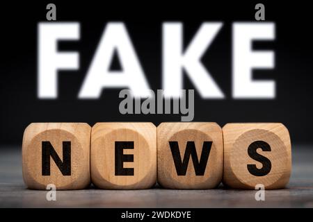 21. Januar 2024: Fake News Symbolbild, Würfel mit der Inschrift News und dem Schriftzug Fake FOTOMONTAGE *** Fake News Symbolbild, Würfel mit der Aufschrift News und dem Schriftzug Fake FOTOMONTAGE Stockfoto