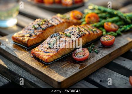 Eine Nahaufnahme gegrillter Lachsfilets, garniert mit Rosmarin Stockfoto