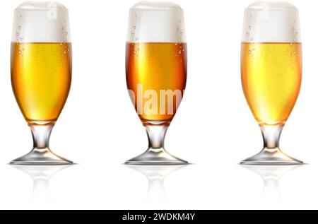 Abbildung eines realistischen Vektorsymbols. Bierbecher mit Schaum, dunkel, Gold und hell. Isoliert auf weißem Hintergrund. Stock Vektor