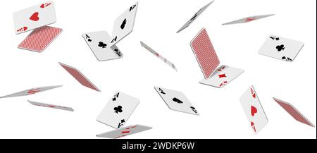 Symbol für realistischen Vektor. Fliegende Spielkarten von Assen von Diamanten, Schlägern Pik und Herzen auf weißem Hintergrund, fallen auf den Tisch. Stock Vektor