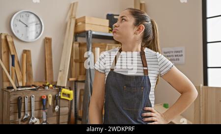 Junge Frau mit langen Haaren in der Werkstatt mit Schürze, umgeben von Schreinerwerkzeugen. Stockfoto
