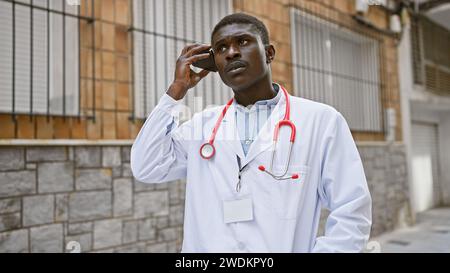afroamerikanischer männlicher Arzt mit Smartphone auf der städtischen Straße außerhalb des Krankenhauses. Stockfoto