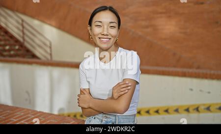 Eine lächelnde junge asiatische Frau mit überkreuzten Armen steht selbstbewusst vor einem urbanen Backsteinhintergrund. Stockfoto