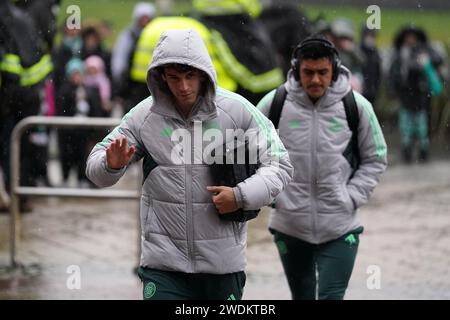 Celtic's Paulo Bernardo trifft vor dem Spiel der vierten Runde des Scottish Cup in Celtic Park, Glasgow, Schottland, an den Boden. Bilddatum: Sonntag, 21. Januar 2024. Stockfoto