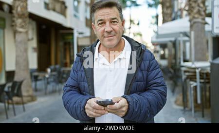 Mann mittleren Alters in einer Jacke mit Smartphone auf einer Stadtstraße mit leeren Terrassen im Hintergrund. Stockfoto