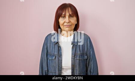 Die hispanische Frau mittleren Alters in Denim-Jacke vor rosa Hintergrund zeigt die Reife der Erwachsenen und die natürliche Schönheit. Stockfoto