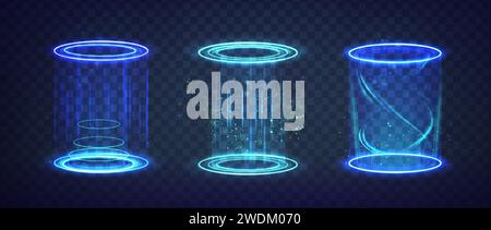 sci-fi-Hintergrund. Abstraktes blaues Portal, Teleport-Technologie. Blaues, kreisförmiges Portal mit Lichtern und Funkeln. Stock Vektor