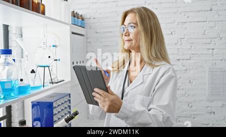 Eine reife Wissenschaftlerin analysiert Daten auf einem Tablet in einem weißen Labor mit verschiedenen Chemikalien und Geräten. Stockfoto